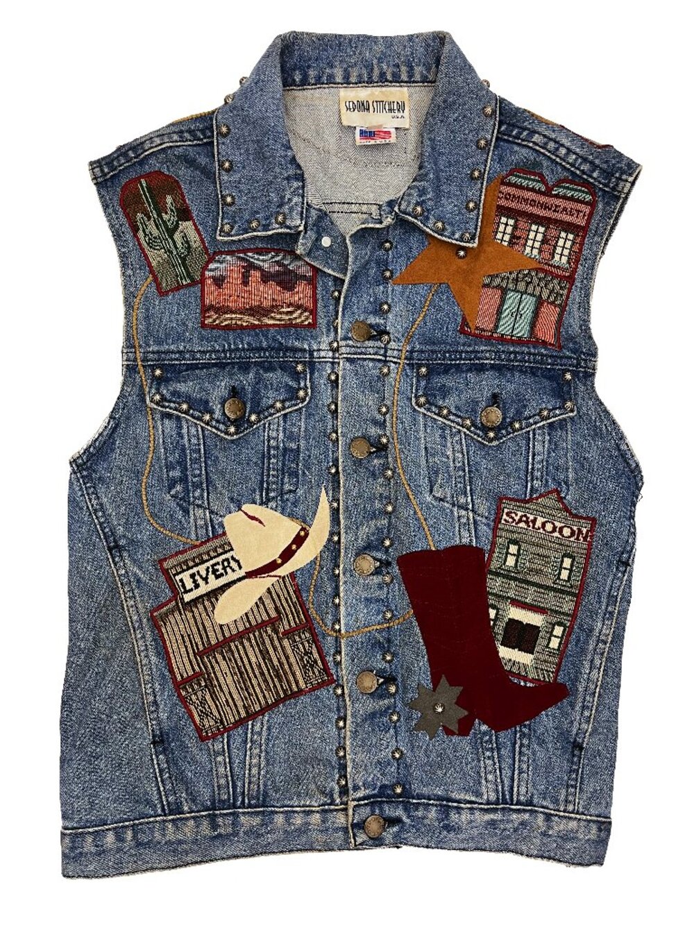 Sedona Stitchery Cowboy Cowgirl Western Patchwork Jean Denim Vest Womens M